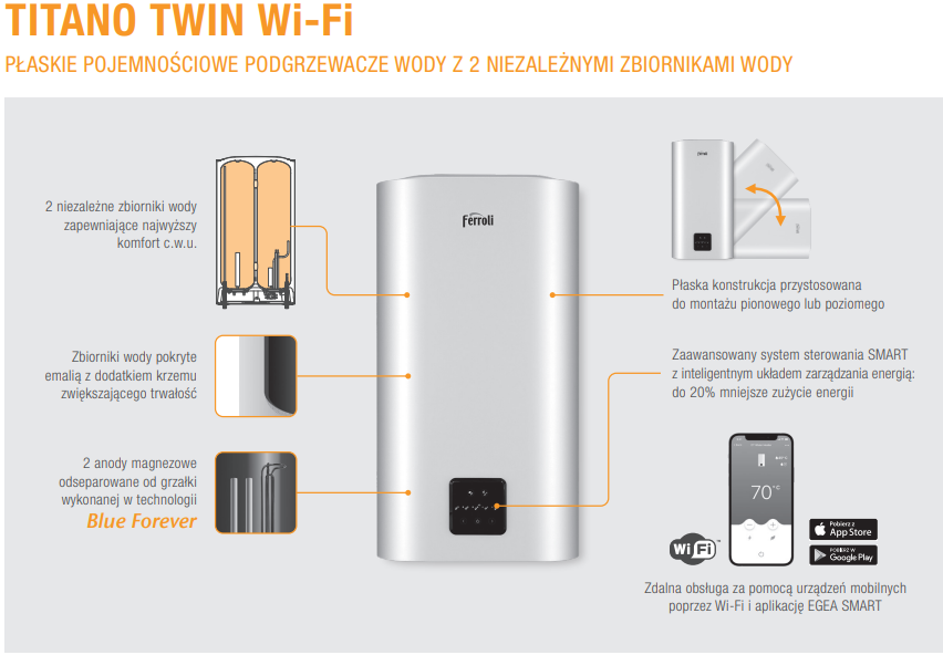 Elektryczny podgrzewacz wody Titano Twin 100l Wi-Fi Ferroli