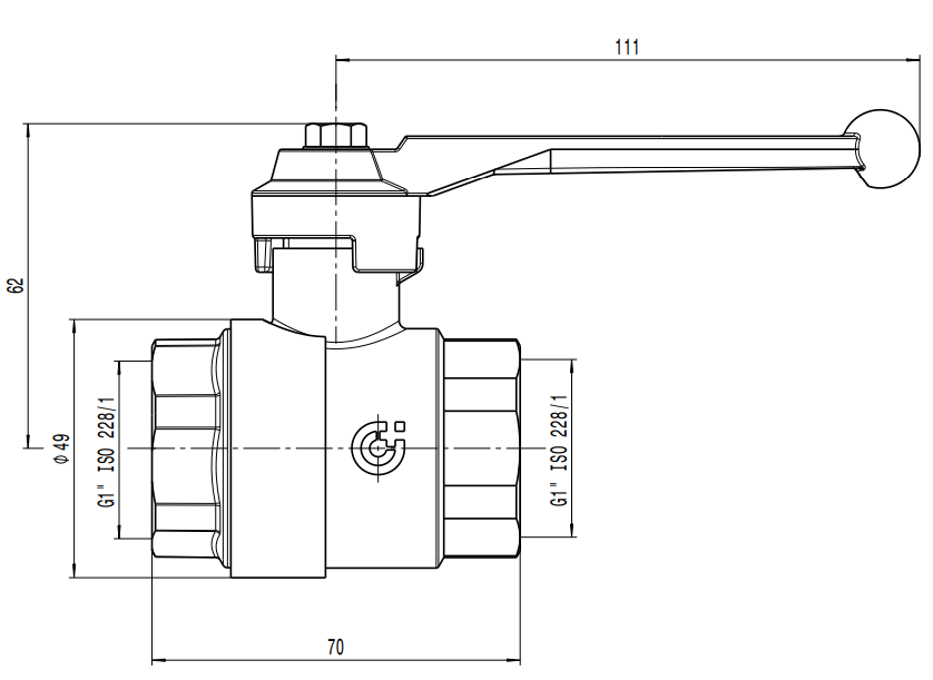 BALLSTOP, Zawór kulowy z wbudowanym zaworem zwrotnym, do instalacji grzewczych 1" CALEFFI