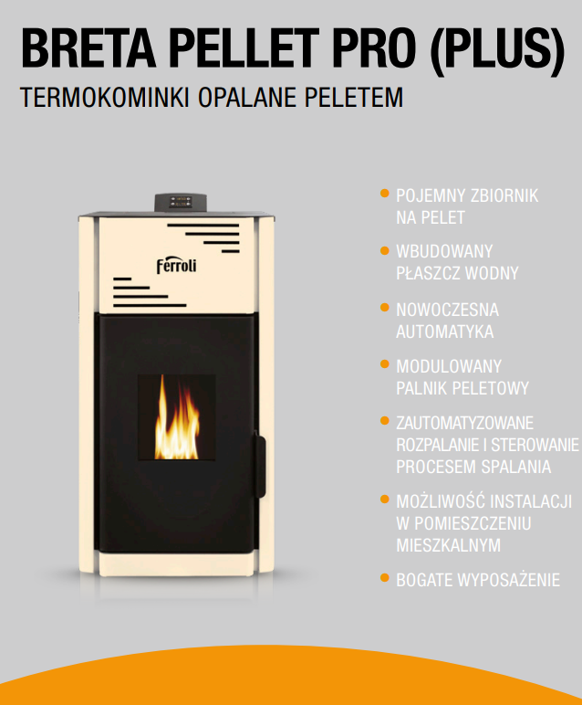 Termokominek na pellet BRETA PELLET PRO 18kW 7,8-18,1kW z płaszczem wodnym Ferroli