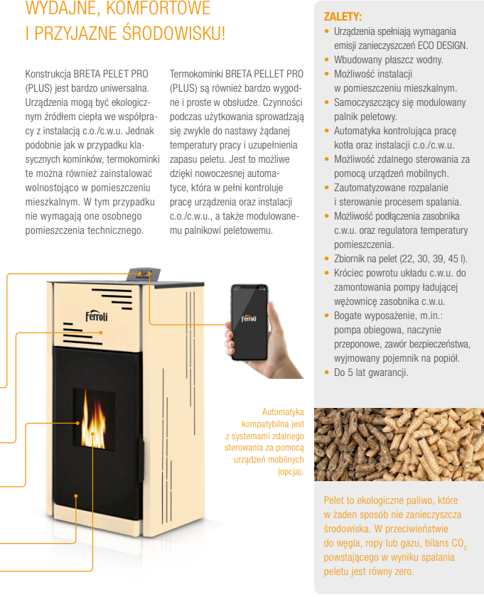 Termokominek na pellet BRETA PELLET PRO 18kW 7,8-18,1kW z płaszczem wodnym Ferroli