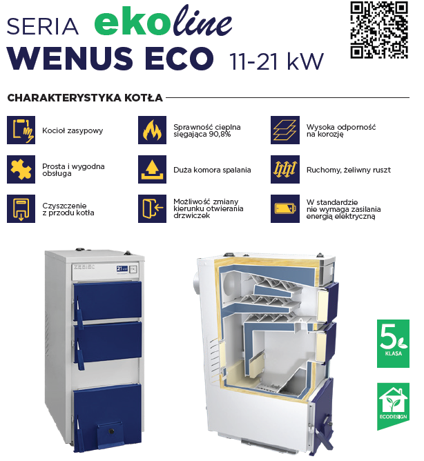 Kocioł zasypowy na węgiel Wenus Eco 11kW Zębiec